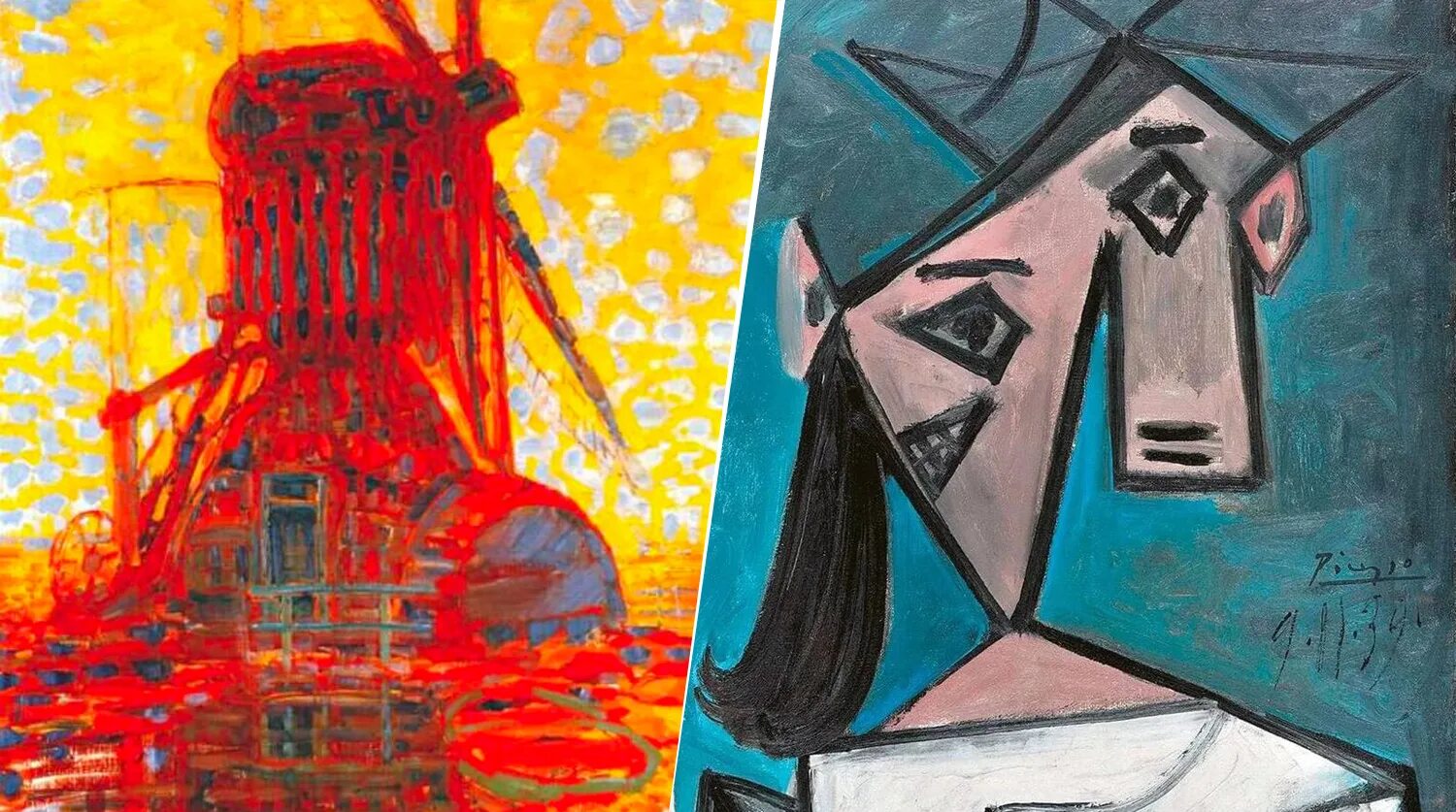 Мондриан ветряная мельница. Пабло Пикассо женская голова. Пикассо пит Мондриан. Пит Мондриан картины мельницы. Краденные картины