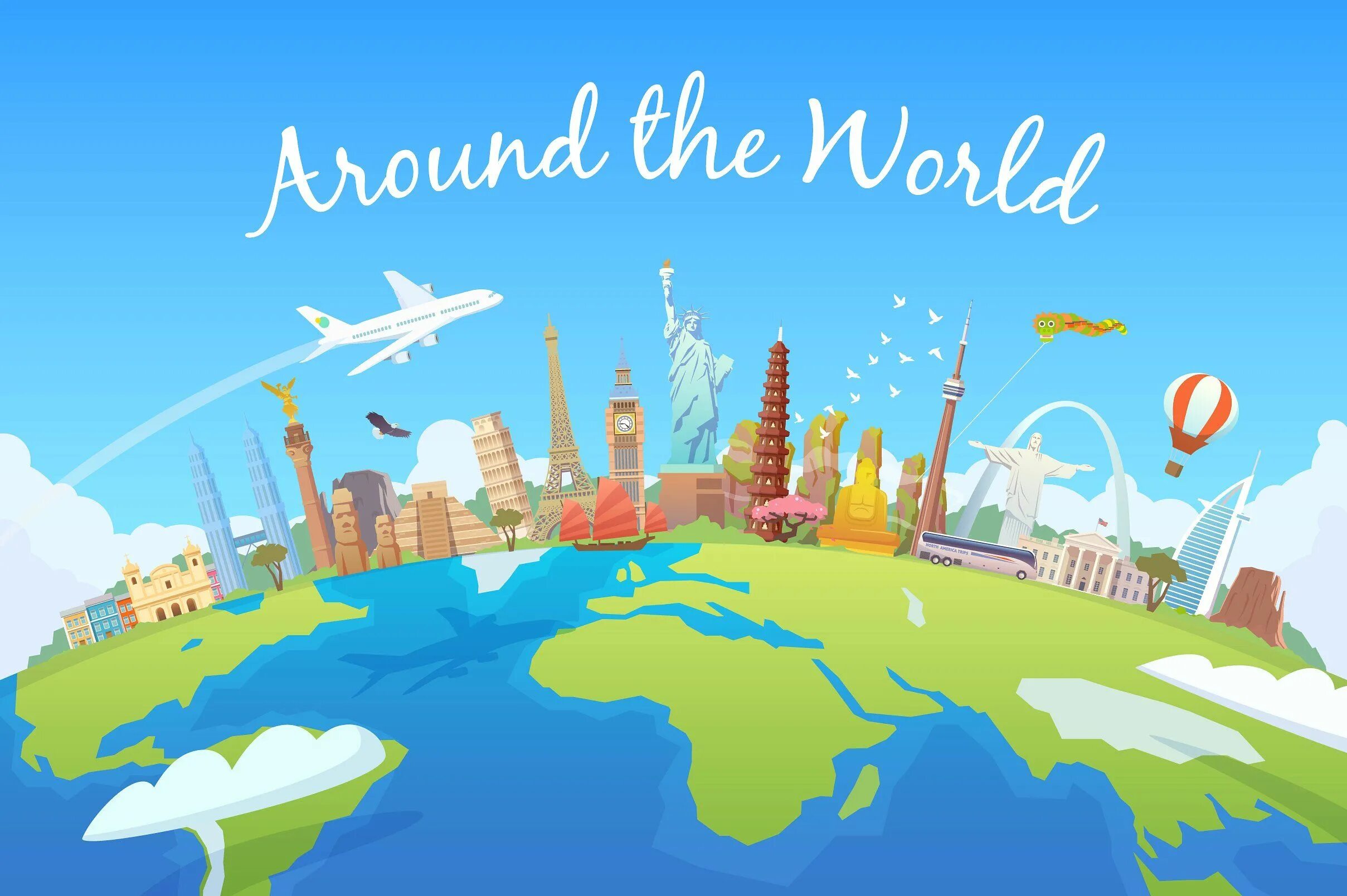 Around he world. Travel around the world вектор. шаблон туристического путеводителя. around the world illustration. фон для презентации для детей.