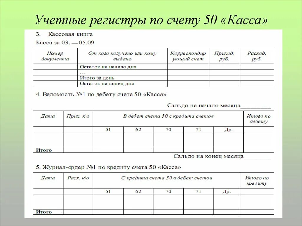 Счет 50 касса счет 51. Учетные регистры по счетам. Регистр пример. Учетные бухгалтерские регистры. Учетные регистры по кассе.