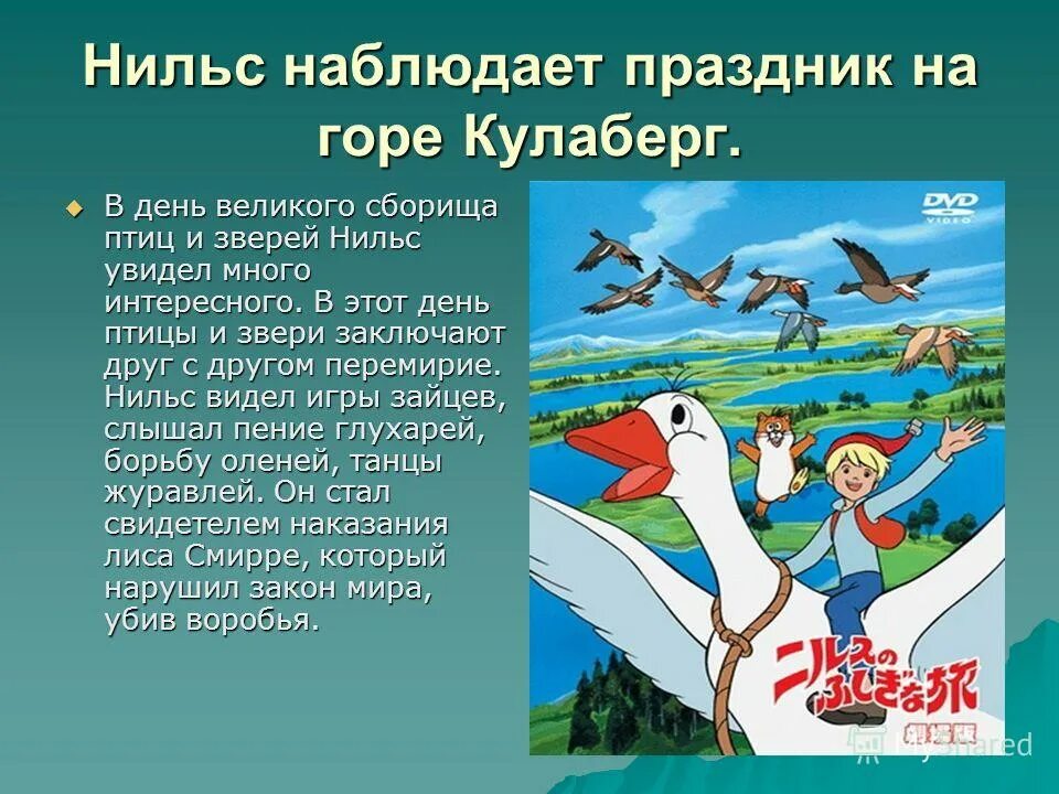 Краткое содержание нильса с дикими гусями. Праздник на горе Кулаберг. Чудесное путешествие Нильса с дикими гусями. Путешествие Нильса с гусями.