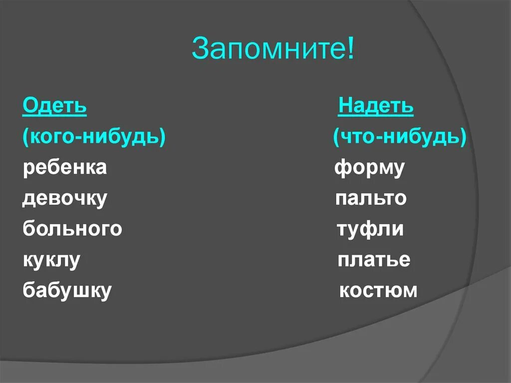 Носить какой глагол. Глагол одеть и надеть. Одеть-надеть правило. Надевать и одевать правила. Надеть и одеть правила употребления.