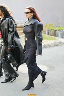Julia Fox braless in see through dress at the Courreges Womenswear Fall Win...