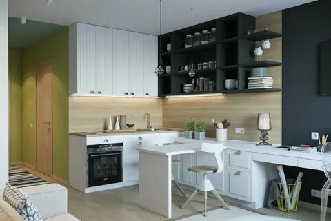 Черно-белая современная кухня с барной стойкой для студии 27 кв м (15 фото)