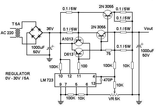 Lm723 блок питания схема 30V / 3A adjustable regulator using LM723 Электроника