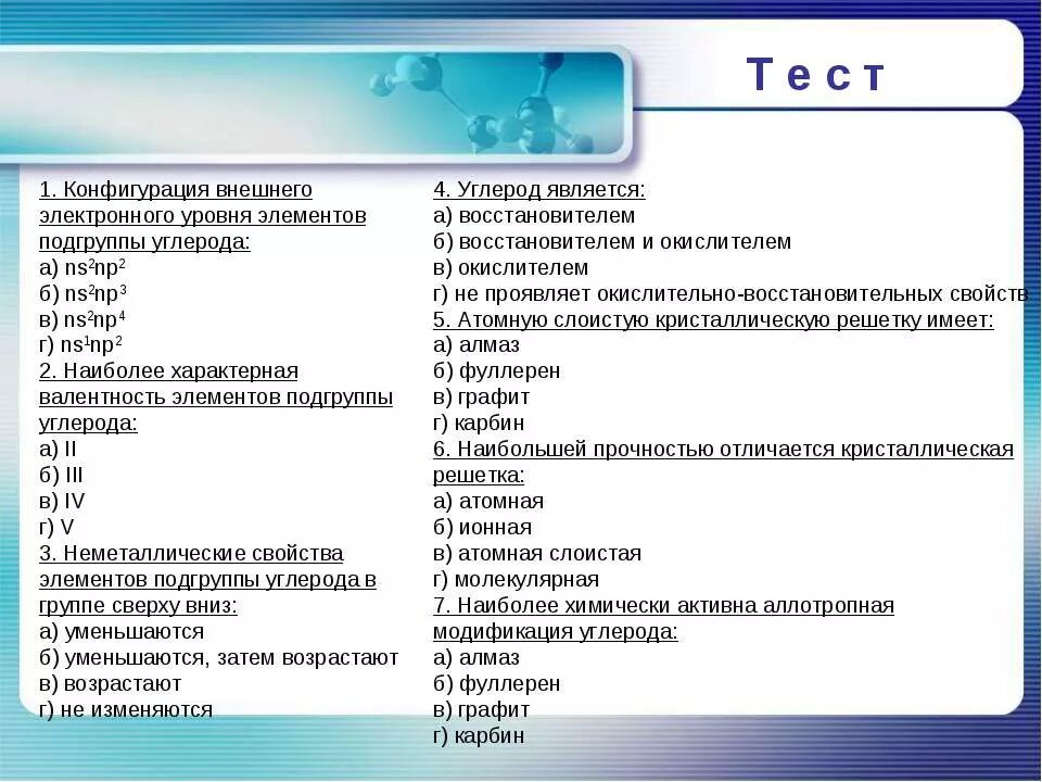 Конфигурация внешнего электронного уровня элементов подгруппы углерода