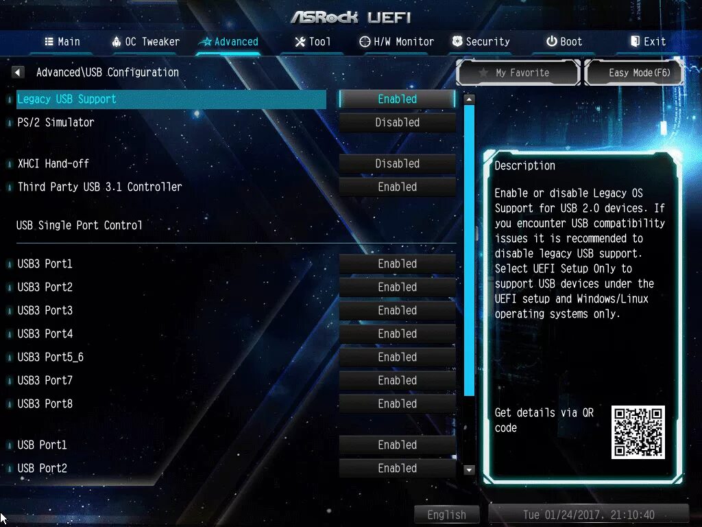 XHCI hand off ASROCK. Legacy support enable.