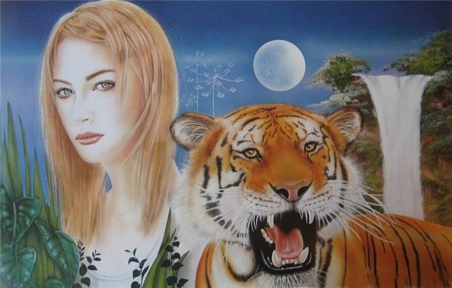 Мужчина коза женщина тигр. Женщина тигр. Женщина тигрица. Девушка с тигром фэнтези. Картина девушка с тигром.