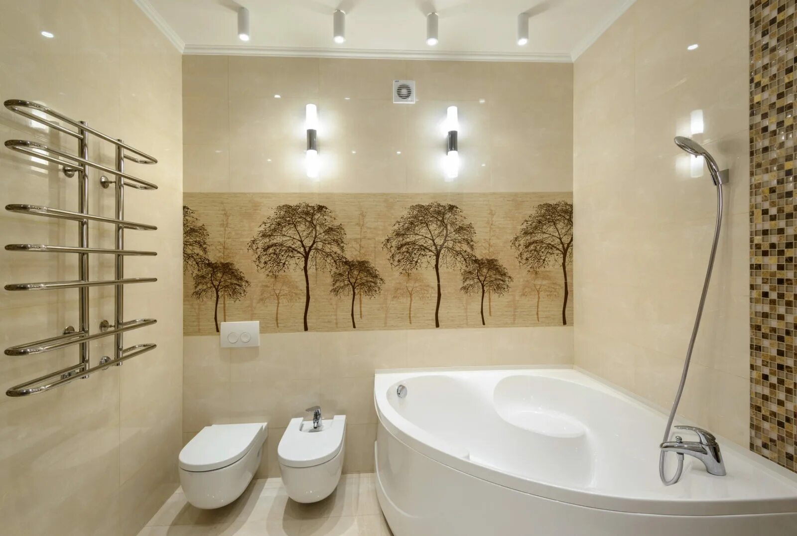 Идеи для ванной комнаты. Интерьер ванной комнаты. Дизайн санузла. Угловая ванна в интерьере.