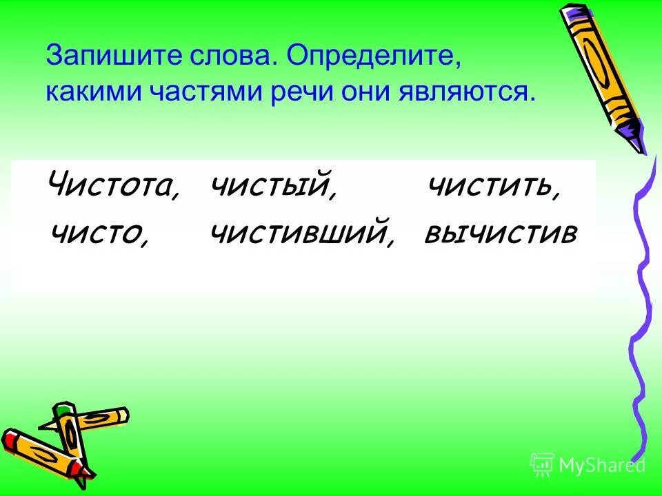 Запишите слова которые начинались бы. Родственные слова чистить. чистота какая часть. вычищенный часть речи. часть речи слова вычищенный.