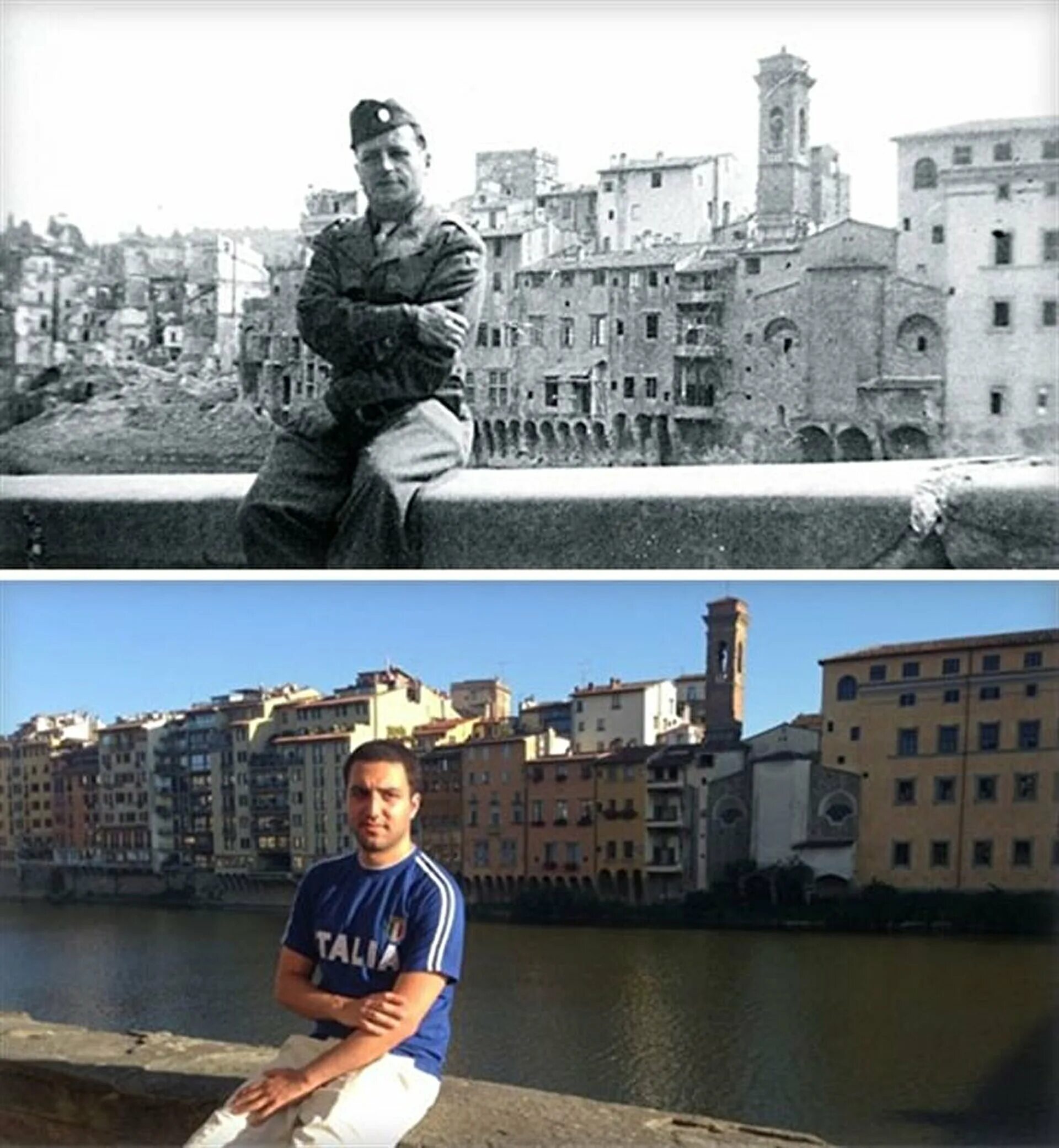 Фото через года. Места спустя годы. Старые фотографии для повторения. Фото через много лет на одном месте. Флоренция 1944.