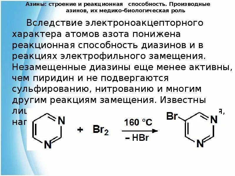 Сравнить реакционную способность. Электрофильное замещение реакционная способность. Нитрование пиридина. Реакционная способность в реакциях электрофильного замещения. Реакционная способность азинов и диазинов.