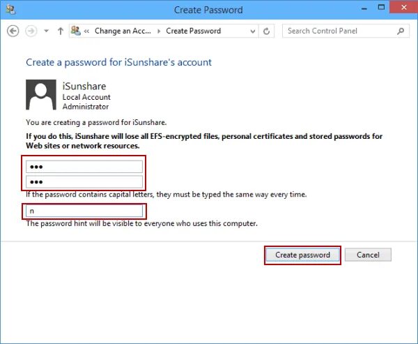 Create a hint. Create password. set password for windows 10. create new password. field create the password.
