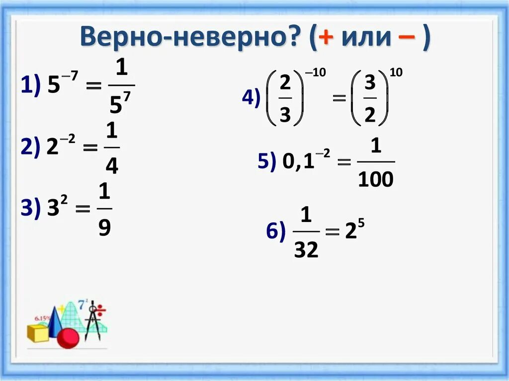 Отрицательная степень числа примеры. Отрицательная степень числа. степень с отрицательным показателем. отрицательные степени 8 класс. верно или неверно.