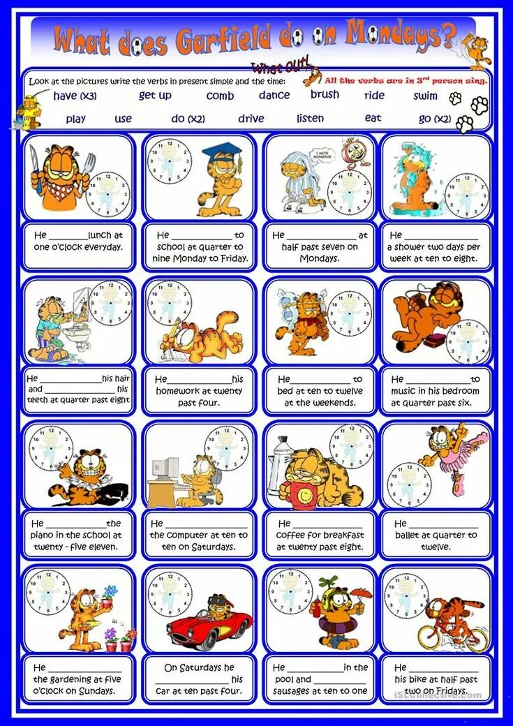 Garfield Daily Routine. Daily Routines Worksheet Garfield. Past simple Garfield. Garfield present simple. Present simple routine