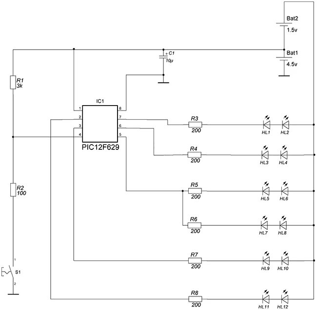 5 12 f. Схемы на микроконтроллере pic12f629. Pic12f629 схемы устройств. Принципиальная схема электронного светофора. Переключатель гирлянд на pic12f629.