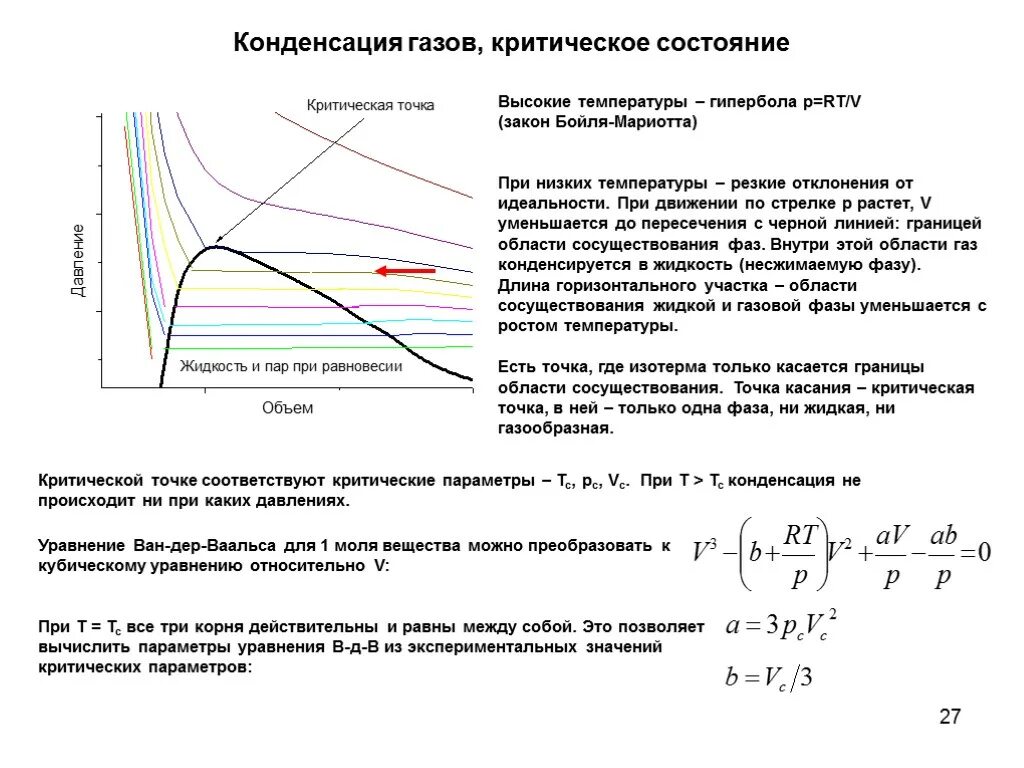 Критические давления и температуры газов. Температура реального газа в критическом состоянии. Состояние газа при низких температурах. Изотермы ван дер ваальса и экспериментальные изотермы. Критические давления и температуры газов.