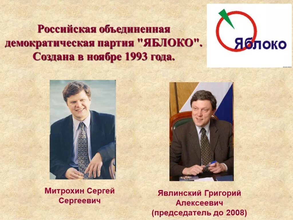 Русские объединения в россии. Яблоко партия политические партии России. Политическая партия "Демократическая партия России". Партия яблоко презентация. Политические партии России в 1993 году.