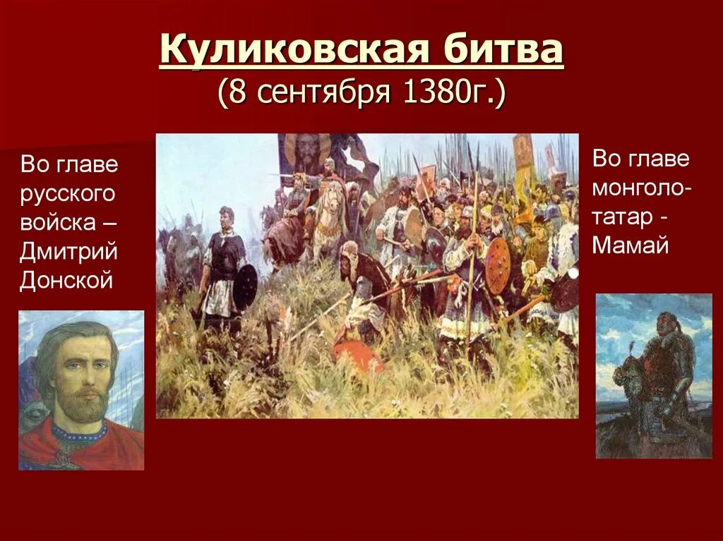 Изображение исторических событий. Куликовская битва 1380 г. Дмитрий Донской Куликовская битва 1380г. Дмитрий Донской Куликовская битва Дата. 8 Сентября 1380 год Дмитрий Донской.