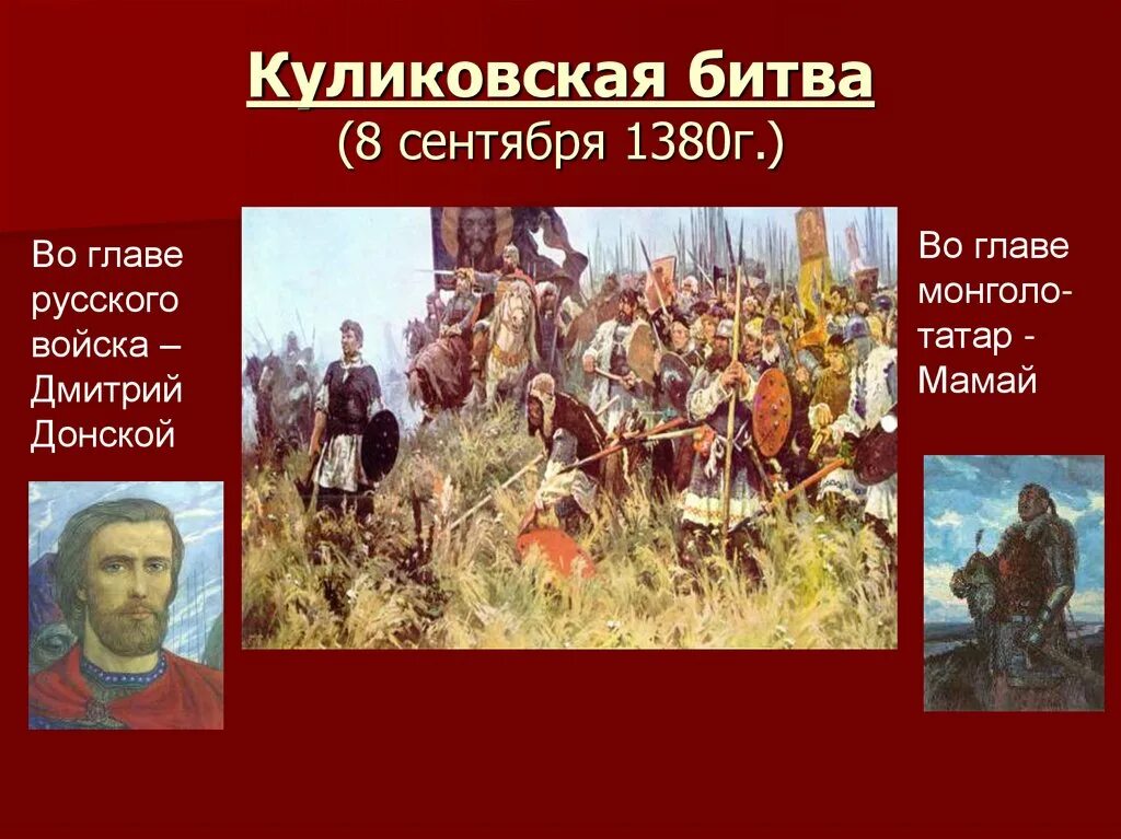 Направление для которого характерно изображение исторических событий. Куликовская битва 8 сентября 1380 г. Поле битвы 8 сентября 1380 год Куликовская битва 4 класс.