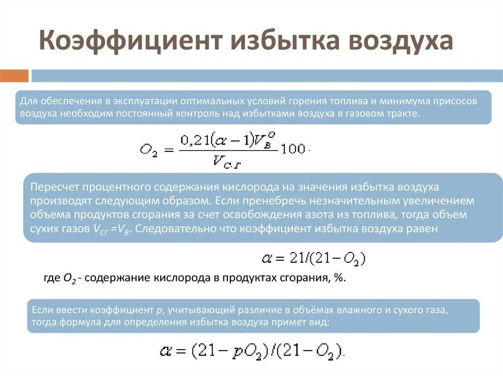 Коэффициент избытка воздуха при сгорании топлива определяется. Определение коэффициента избытка воздуха. Формула коэффициента избытка воздуха в продуктах сгорания. Формула для расчета коэффициента избытка воздуха. Воздух на сжигание газа