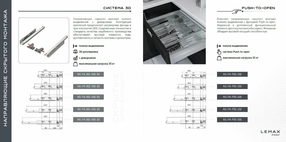 Lemax Prof направляющие скрытого монтажа схема монтажа NS-pk-001-350. Направляющие полного выдвижения скрытого монтажа 500 мм нагрузка. Схема монтажа направляющих скрытого монтажа саммит пуш опен. Направляющие пуш ту опен скрытого монтажа.