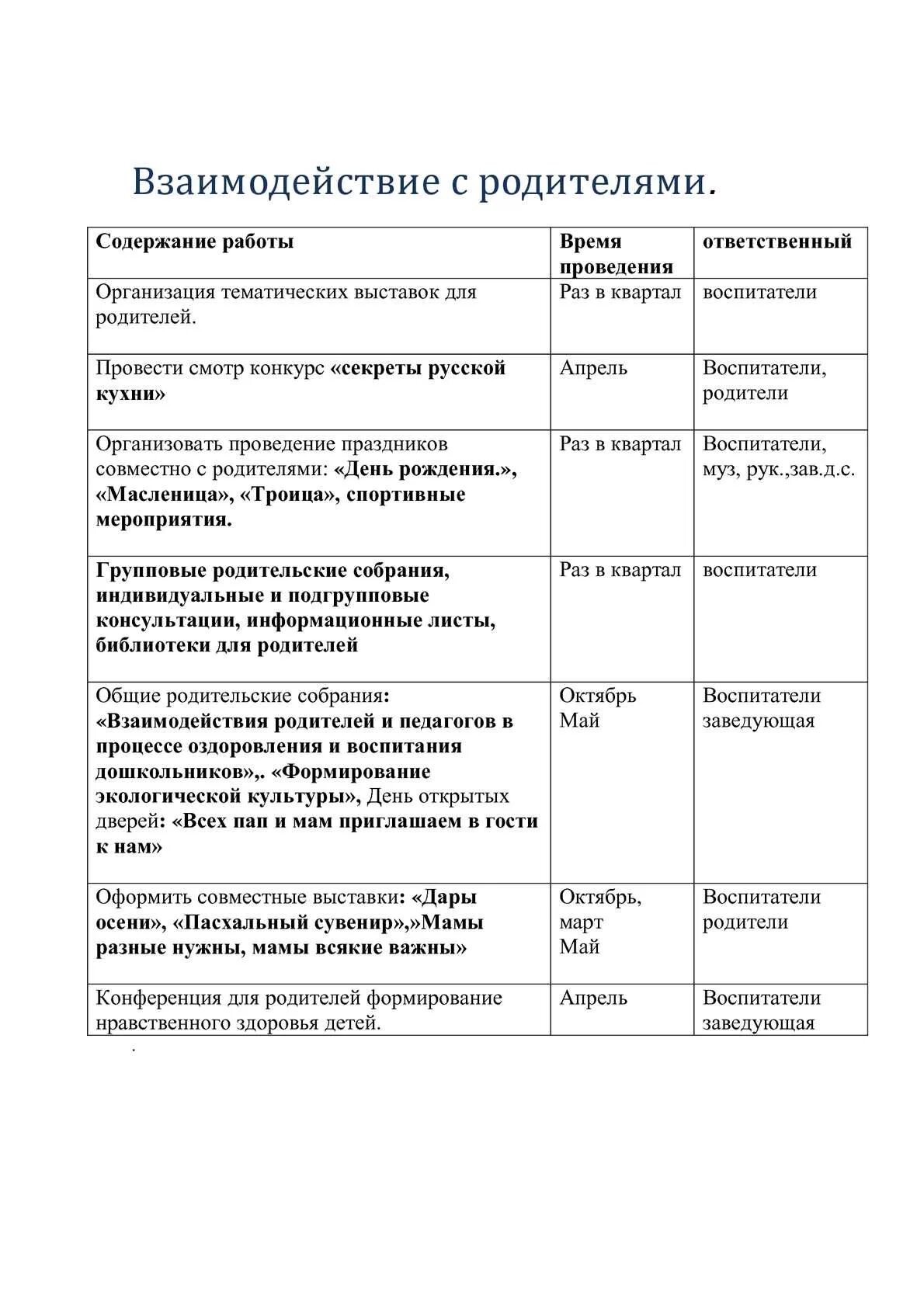 План взаимодействия с родителями в доу. План взаимодействия с родителями в 1 младшей группе по фгос. План на месяц в детском саду взаимодействия с родителями. Перспективный план воспитателя детского сада на год. Годовой план взаимодействия с родителями.