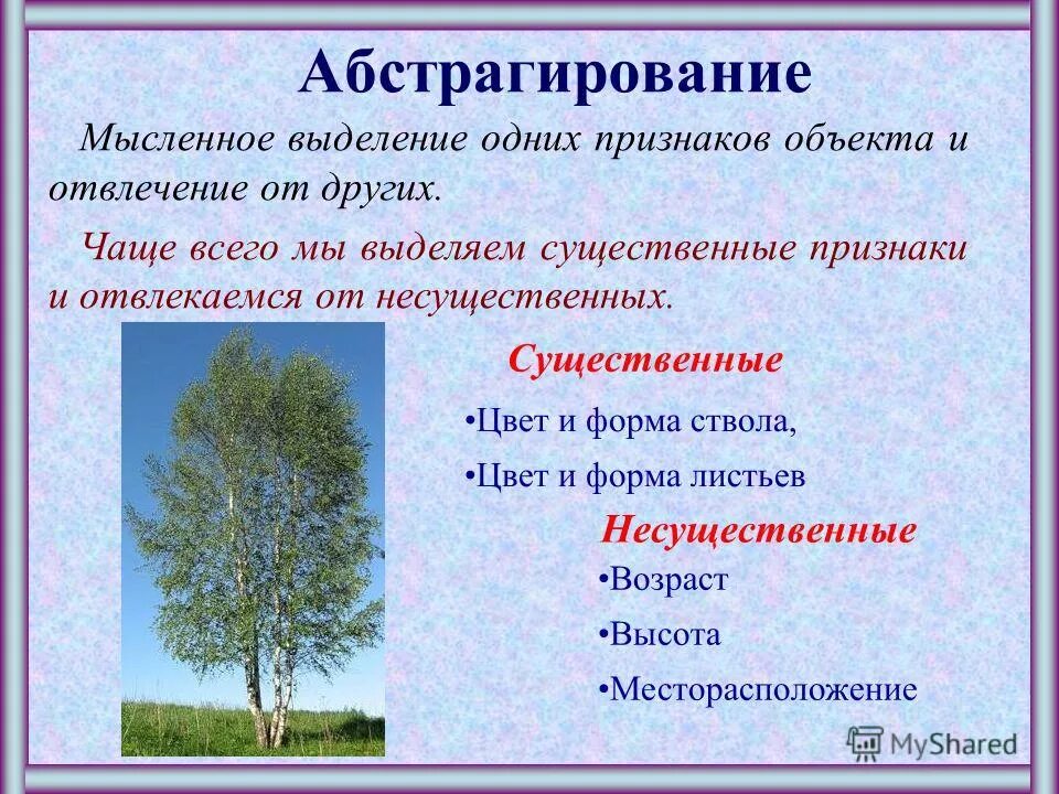 Существенные признаки предметов и явлений. Абстрагирование. примерабстрогирования. абстрагирование это мысленное выделение. существенные признаки предмета примеры.