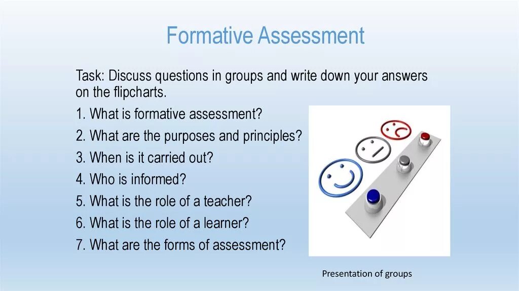 Answer the questions and discuss. Formative Assessment. Formative Assessment is. Forms of Assessment. Principles of Summative Assessment.