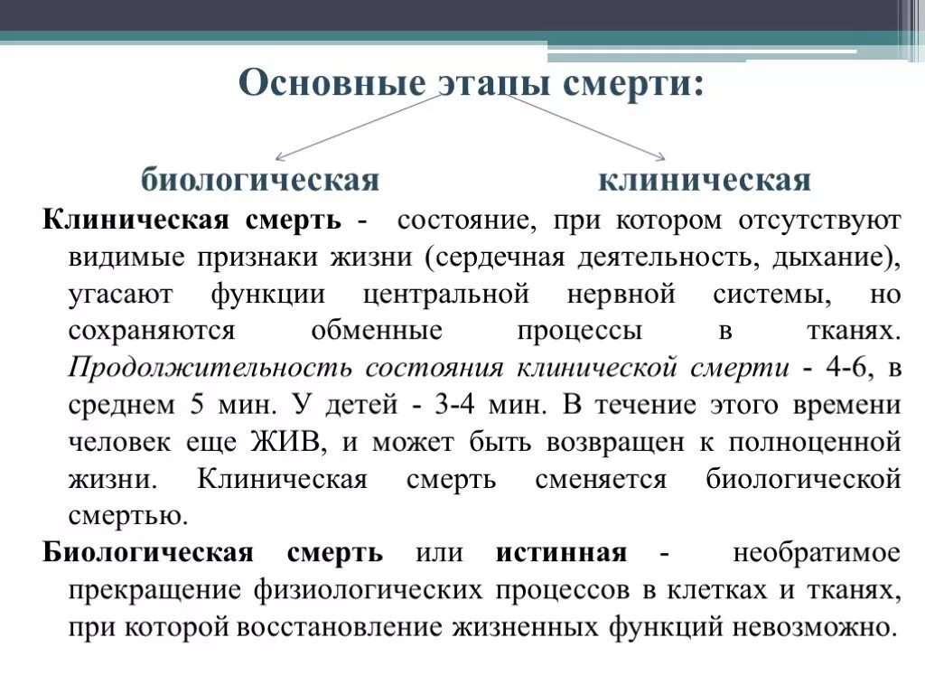 Биологическая и клиническая смерть различия. Клиническая смерть и биологическая смерть отличия. Биологическая смерть и клиническая смерть разница. Симптомы клинической и биологической смерти таблица.