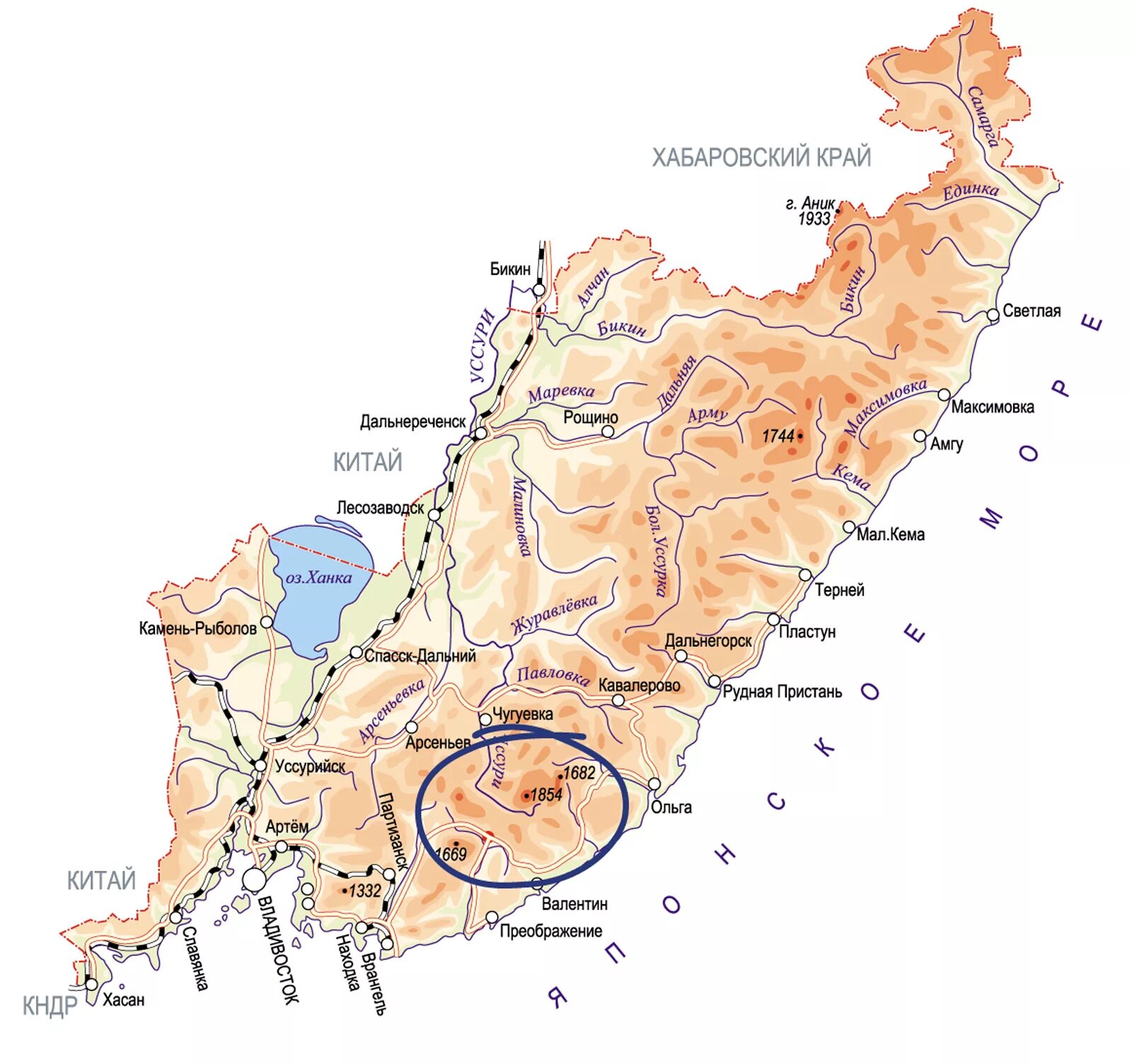 Озеро ханка Приморский край на карте Приморского края. Гора аник Приморский край на карте России. Бикин Приморский край на карте. Рельефная карта Приморского края.