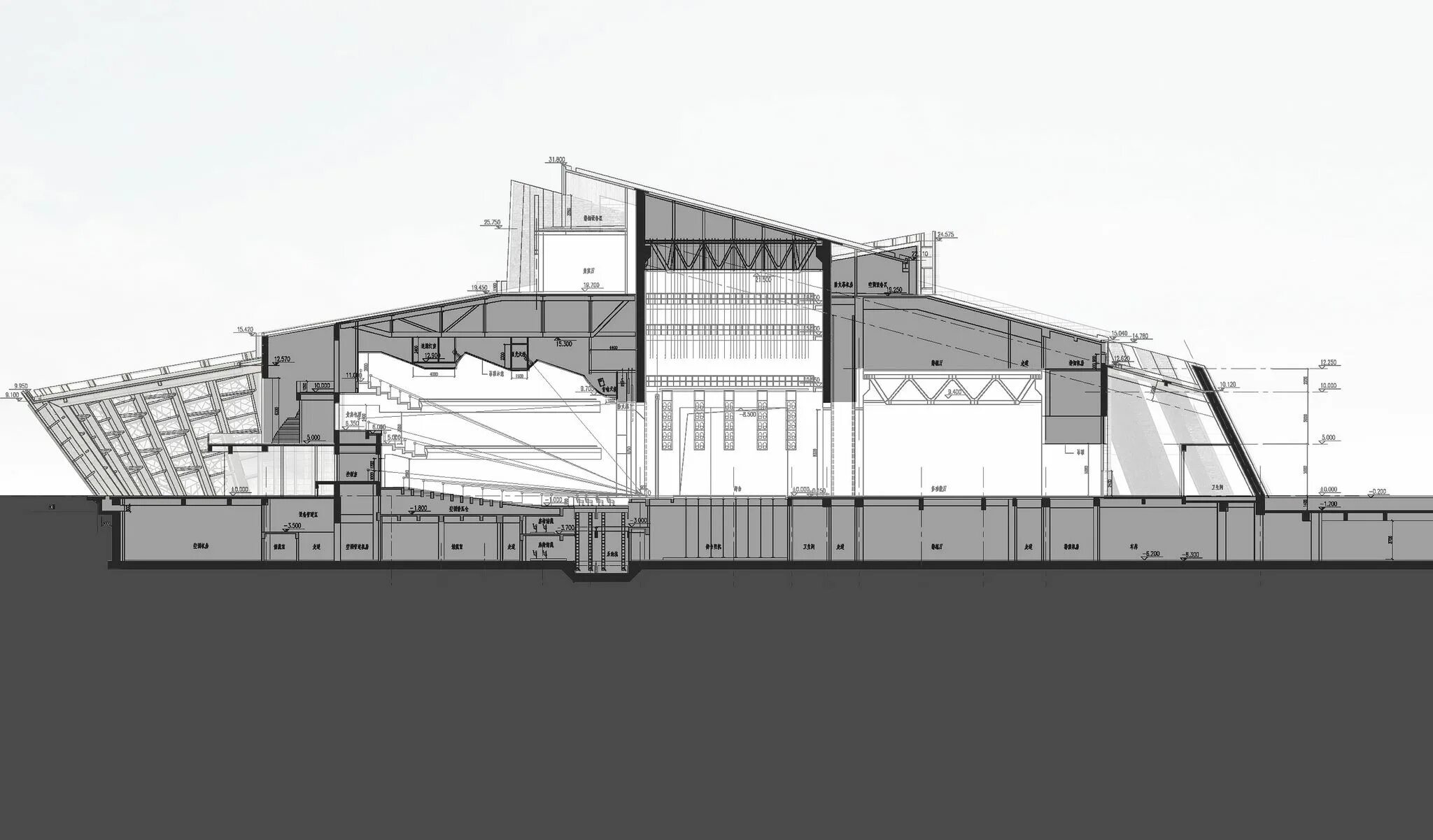 Концертные залы проекты. Театр Учжэнь, Китай. Разрез театра. Проект театра разрез. Архитектурный проект театра.