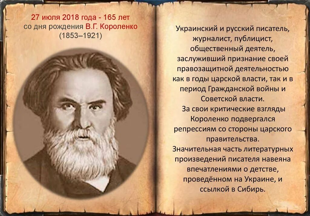 День рождения Короленко писателя. 27 Июля день рождение Короленко. Юбилей Короленко. Биография Короленко.