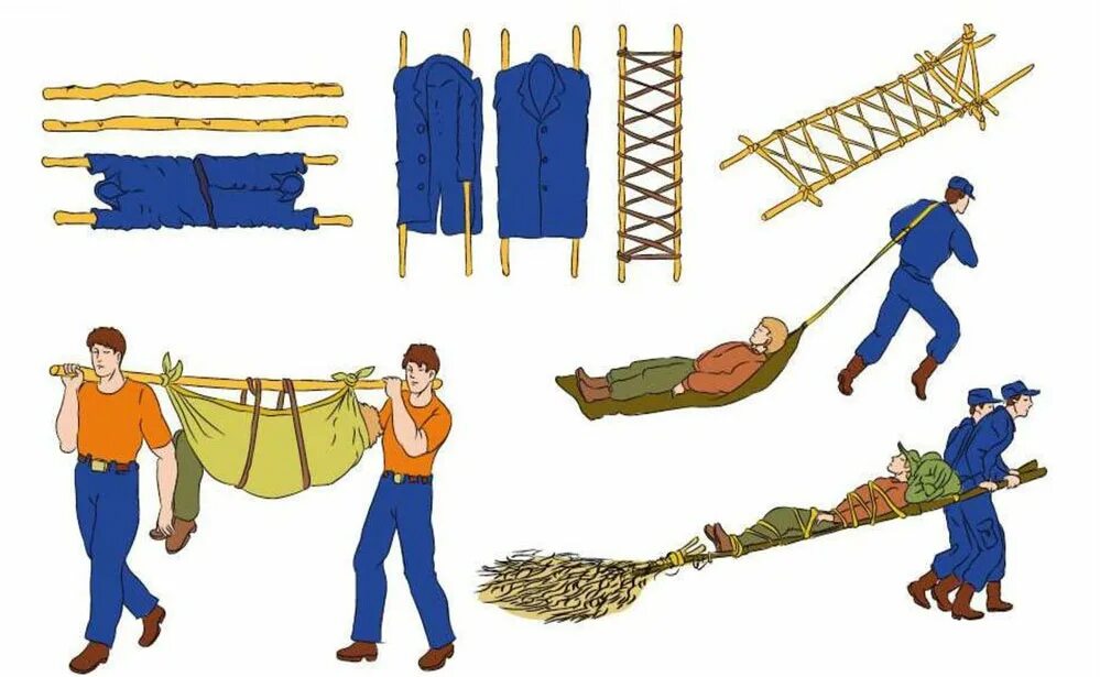 Транспортировка пострадавшего с помощью подручных средств. Транспортировка пострадавшего с помощью носилок. Переноска пострадавшего подручными средствами. Перенос пострадавшего с помощью подручных средств. Организация доставки пострадавшего