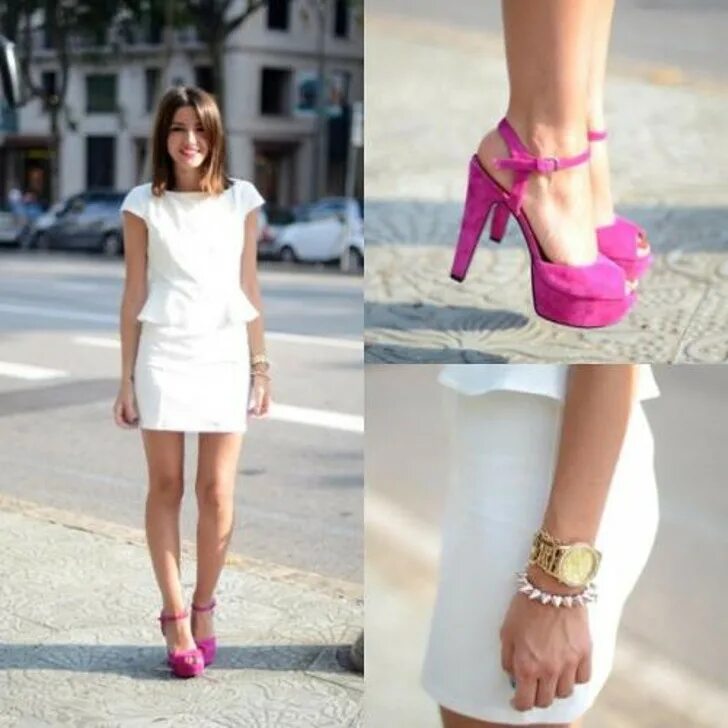 Босоножки какими платьями подходит. Белое платье с розовыми туфлями. Босоножки под розовое платье. Яркие босоножки. Босоножки под белое платье.