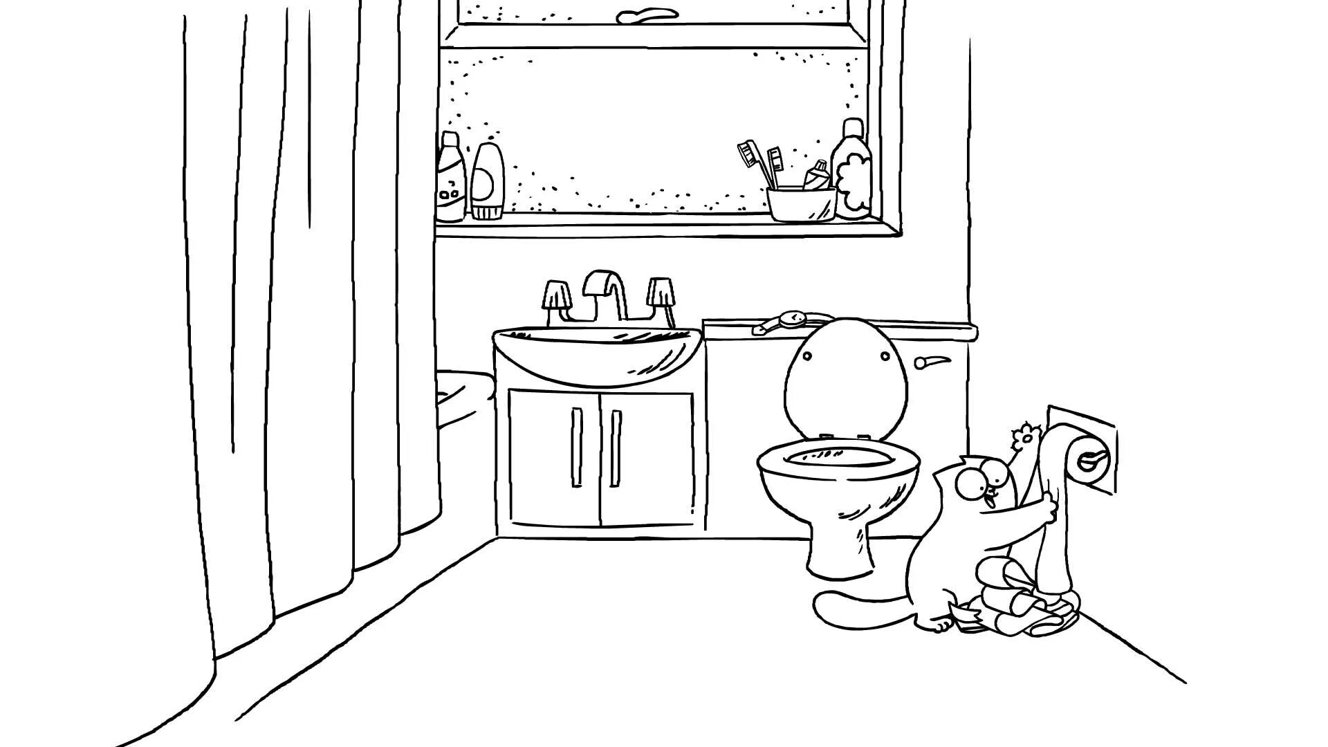 Ванная комната кот. Раскраска ванная комната. Раскраска комната. Раскраска ванная комната для детей. Комната туалет и ванная раскраска.