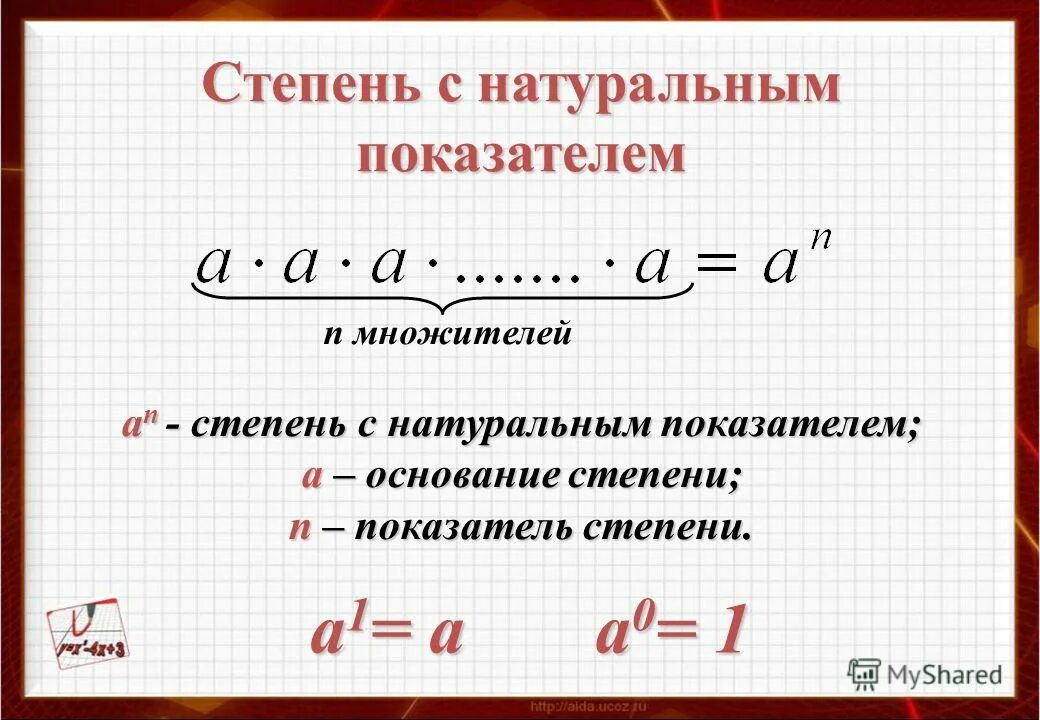 Вычислить показатель степени. Степень числа с натуральным показателем. степень числа а с натуральным показателем 1. свойства возведения в степень с натуральным показателем. понятие степени с натуральным показателем.