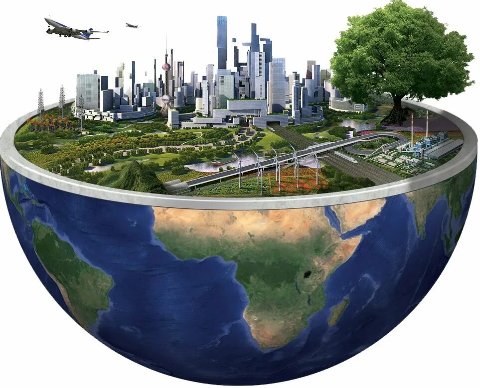 Будущие проблемы россии. Экология планеты. Земной шар с городами. Городские земли. Здания на земном шаре.