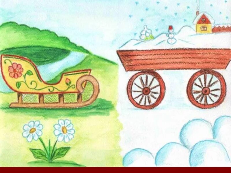Рисунках 2 1 2 6. Рисунок к пословице. Сани летом а телегу зимой. Готовь зонтик летом а телегу зимой. Рисунки к пословицам и поговоркам для детей.