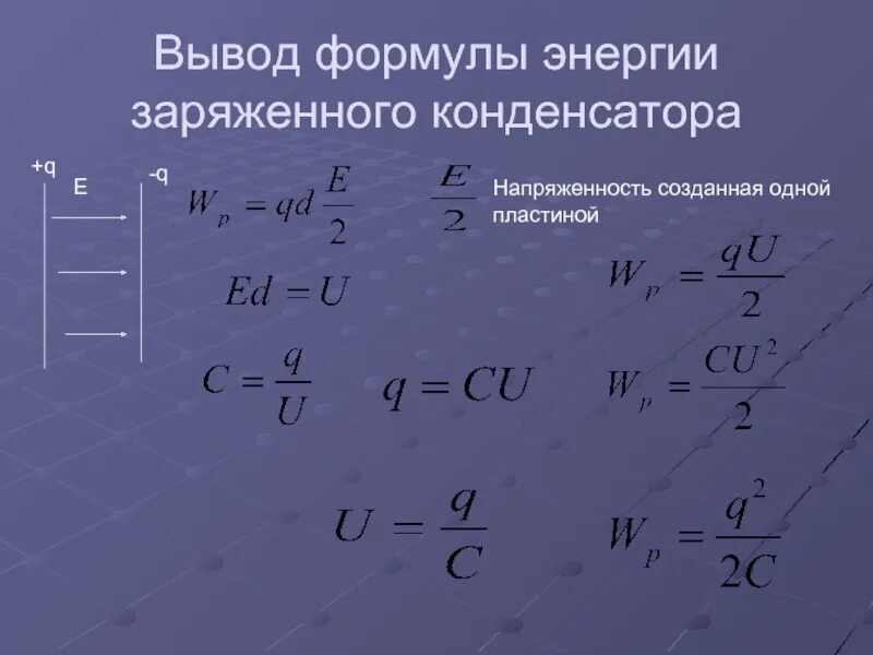 Вывод формулы энергии плоского конденсатора. Энергия поля заряженного конденсатора формула. Электроемкость конденсатора и энергия формула. Формула энергии конденсатора через заряд. Конденсатор формулы 10 класс