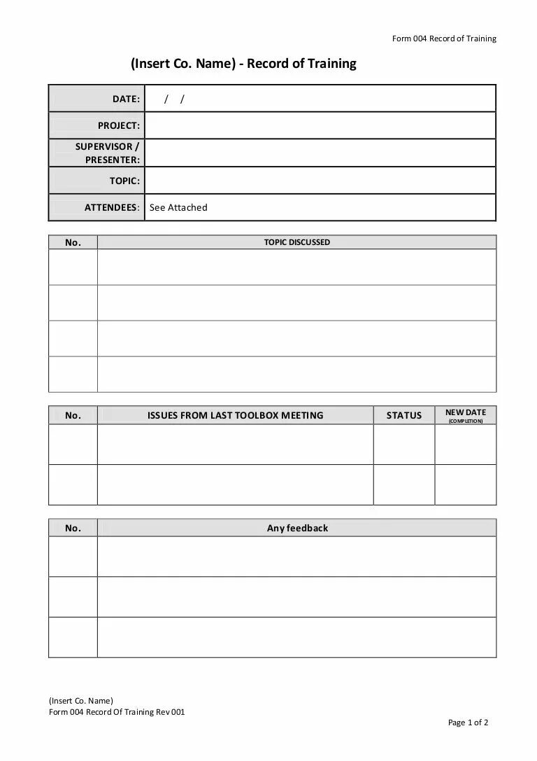 Topic form. Toolbox meeting. Word example document. Record Template. Monthly Safety meeting onboard form.