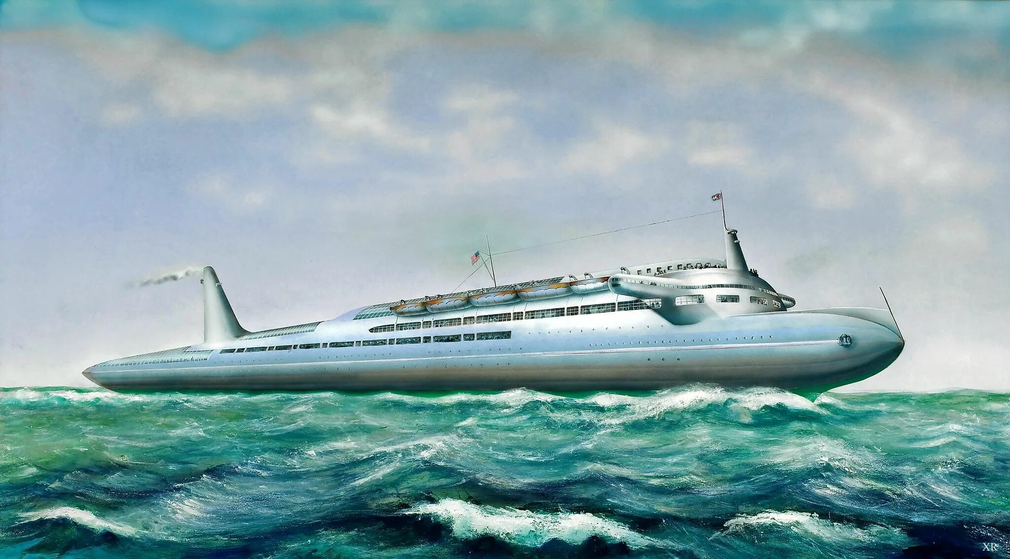 “Whale” Ocean Liner, Design by Norman Bel Geddes 1932. Подводная лодка ретрофутуризм. Яхта ретро футуризм концепт.