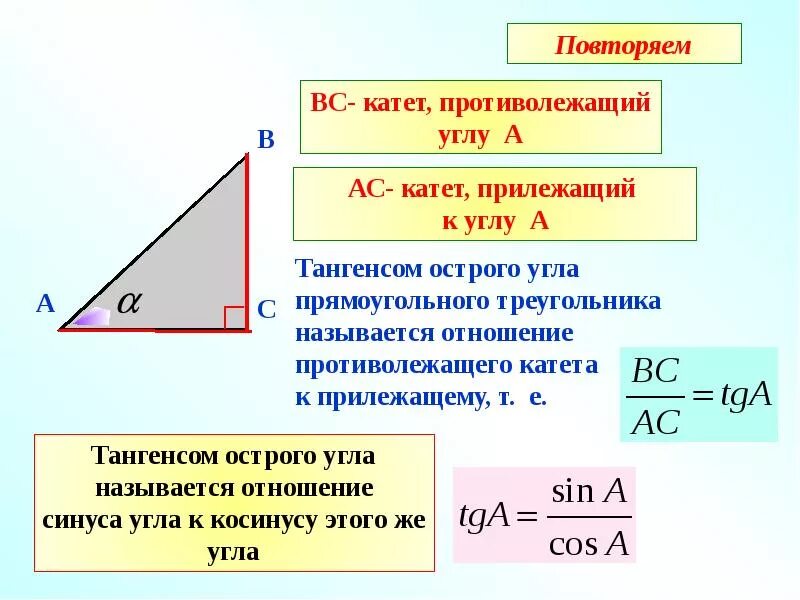 Катет прямоугольного треугольника равен произведению другого катета. Тангенс это отношение синуса к косинусу. Синус угла отношение противолежащего. Синусы косинусы соотношение сторон. Косинус это отношение прилежащего катета.