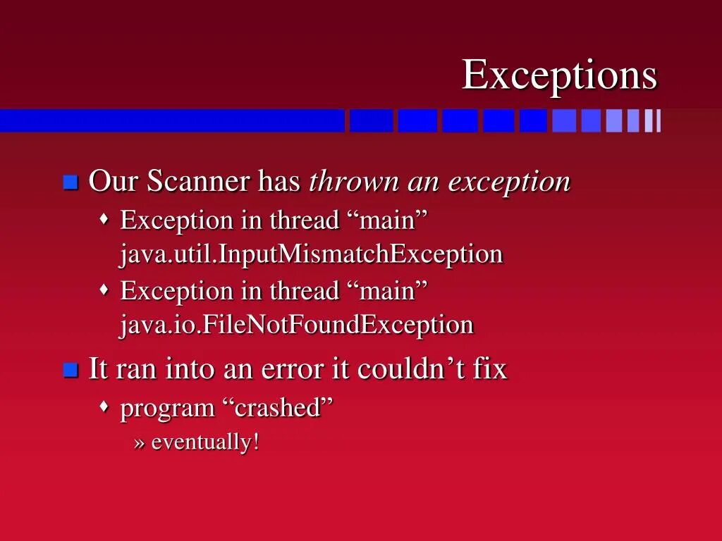Ошибка main java. Inputmismatchexception java. исключение filenotfoundexception java. java multithreading exception. java main.