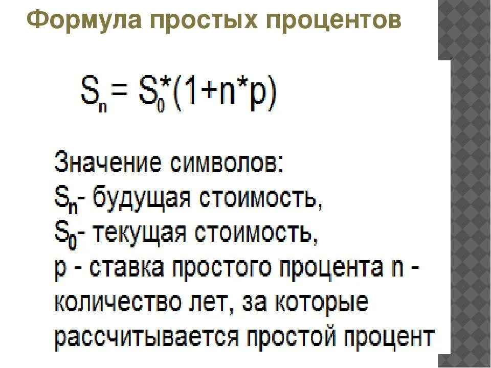 Начисление простых и сложных процентов. Формула простых и сложных процентов. Формула простых процентов. Формула простых и сложных процентов по вкладам. Формула простых и сложных процентов по кредиту.