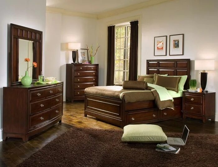 Спальня с темной мебелью. Коричневая мебель в интерьере. Темно коричневая мебель. Цвет стен с коричневой мебелью.