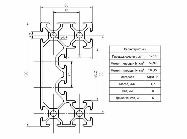 Профиль алюминиевый ПАЗ 8 P60.120.P. Профиль алюминиевый 60х120 (p60.120.p. Профиль алюминиевый конструкционный 60х60 чертеж. Профиль алюминиевый 60×120 (ПАЗ 8 мм). Алюминиевый профиль 30х30