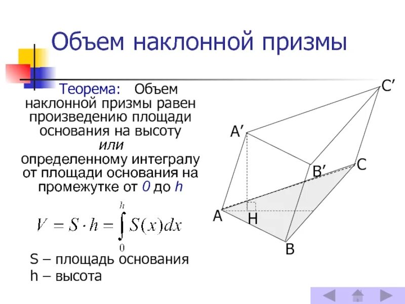 Полная поверхность наклонной призмы. Формула вычисления объема наклонной Призмы. Объем наклонной Призмы 2 формула. Объем наклонной Призмы 11 класс формула для нахождения. Теорема об объеме наклонной Призмы.