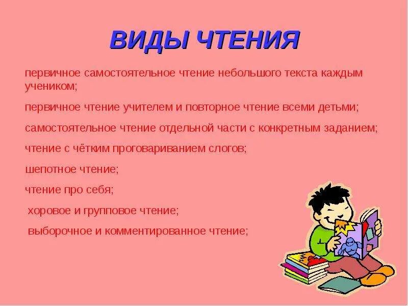 Какое бывает чтение. Виды чтения. Виды чтения в начальной школе. Тип чтения в начальной школе. Назовите виды чтения.