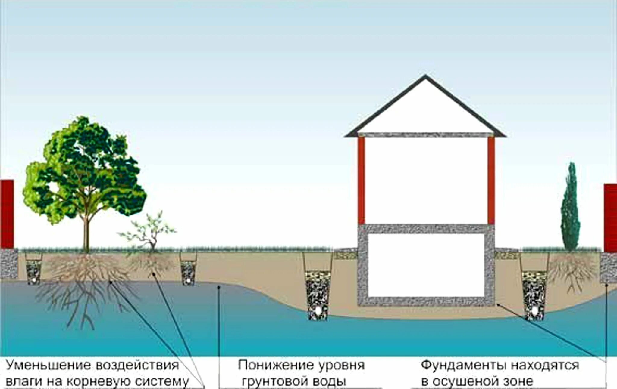 Дренажная система на участке от грунтовых вод схема. Дренажные системы для отвода грунтовых вод схемы. Дренаж схема грунтовые воды. Схема дренажная система на участке с высоким уровнем грунтовых вод.