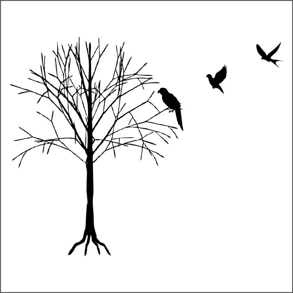 Птицы дерево начинающему. Трафарет "птицы на ветках". Силуэт дерева с птицами. Птичка на дереве. Дерево с птицей на белом фоне.
